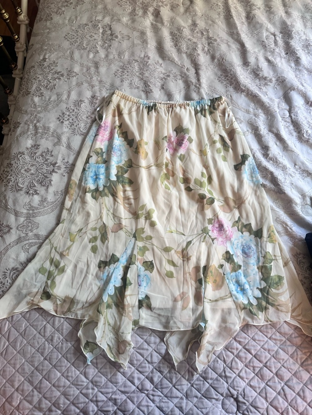 Floral Handkerchief Hem Skirt - Cream with Pastel Florals - Picture 5 of 5